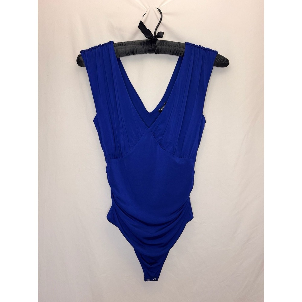 Express - Body Contour Ruched V-Neck Bodysuit - Royal Blue - S - Womens